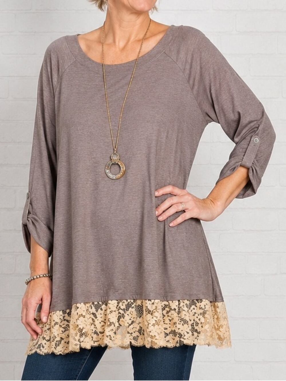 LOGO Lounge by Lori Goldstein Taupe Lace Hem Tunic Top 1X Boho